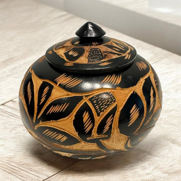 Carved Dark Wood Round Jar Container Box with Lid Boho Eclectic Decor - Picture 1 of 5